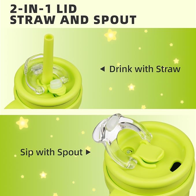 14 oz Tumbler with Side Handle, Insulated Water Bottle with Straw and 2 in 1 Lid, Stainless Steel Cup Travel Coffee Mug for Sports Office Gym,Green