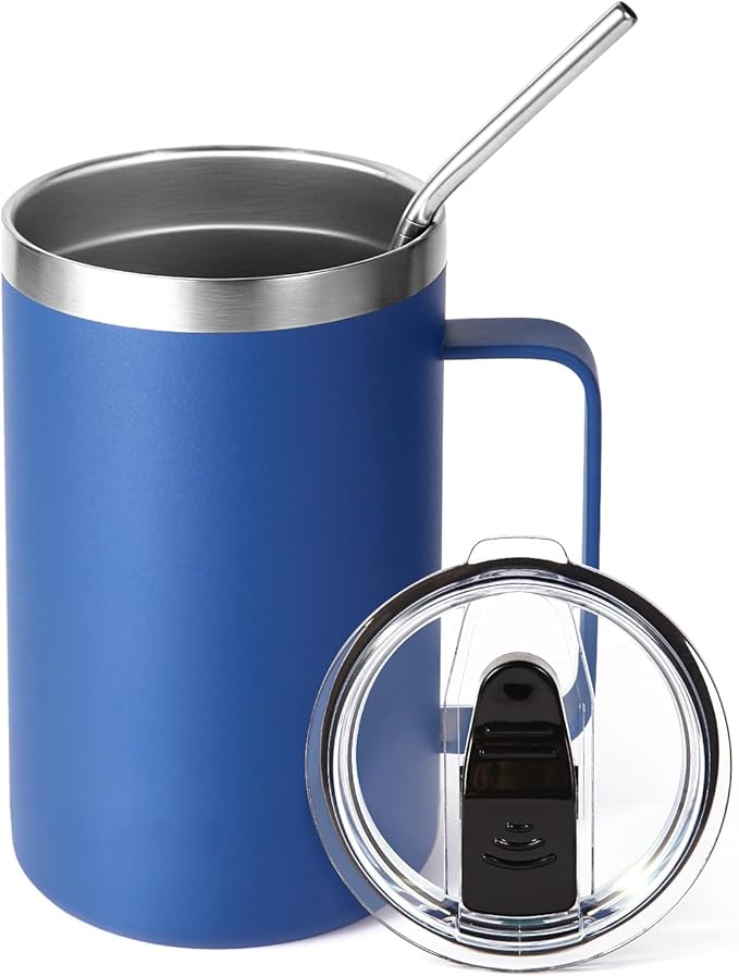 Volhoply 16oz Insulated Coffee Mug with Lid and Straw, Stainless Steel Travel Mugs with Handle, Double Wall Vacuum Leak Proof Coffee Tumbler Cup (Blue,1)
