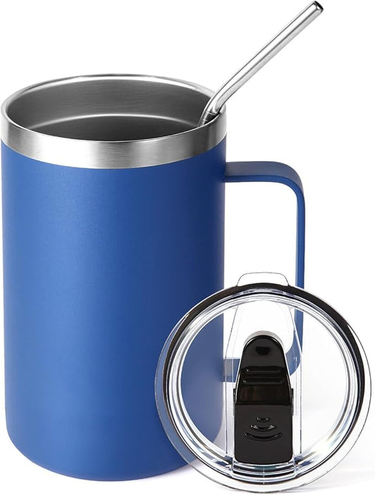 Volhoply 16oz Insulated Coffee Mug with Lid and Straw, Stainless Steel Travel Mugs with Handle, Double Wall Vacuum Leak Proof Coffee Tumbler Cup (Blue,1)