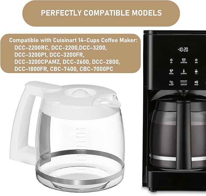 14-Cups Coffee Carafe Replacement Pot Compatible with Cuisinart Coffee Machine DCC-2200RC, DCC-2200, DCC-3200, DCC-3200P1, DCC-3200FR, DCC-2600, DCC-2800,DCC-1800FR CBC-7400 CBC-7000PC White