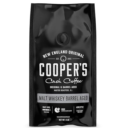 Whiskey Barrel Aged Coffee, Single-Origin Sumatra Beans Aged in American Malt Whiskey Barrels, Medium Dark Roast Whole Bean, 5 lb
