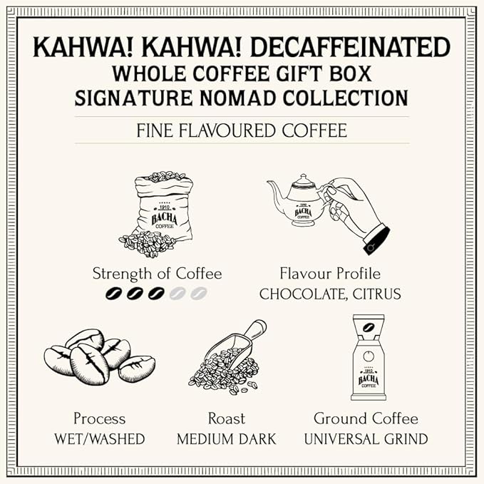 Bacha Coffee | Kahwa! Kahwa! Fine Flavoured, Whole Beans, Medium Dark Roast, 100% Arabica Specialty Coffee, 250g Signature Nomad Collection, Gift Box