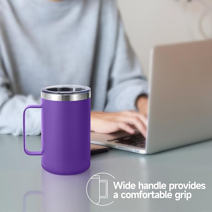 Volhoply 16oz Insulated Coffee Mug with Lid and Straw, Stainless Steel Travel Mugs with Handle, Double Wall Vacuum Leak Proof Coffee Tumbler Cup (Purple,1)