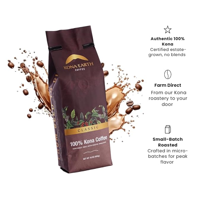 KONA EARTH 100% Kona Coffee, Classic Medium Roast, Whole Bean, 1 lb (16oz) Farm-Direct, Authentic Hawaiian Kona Coffee beans from Hawaii’s Big Island, Micro-Batch-Roasted