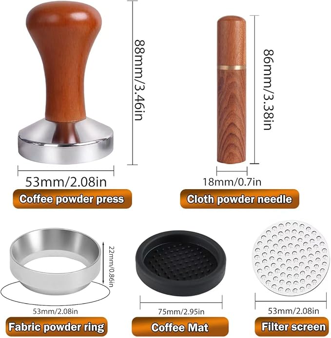 53mm Espresso Accessories Kit, Wooden Handle Espresso Tamper, WDT Tool, Puck Screen and Dosing Funnel Set Fits Delonghi 53 mm Espresso Coffee Machines and Portafilter, Barista Tools