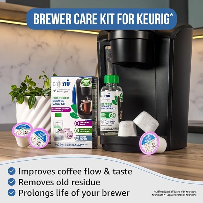 Caffenu Keurig Compatible Descaling Solution Cleaner and Descaler Kit. 2 Uses Descaling Solution, 3 Cleaning Pods and 2 Filter Replacement. 3 Months Maintenance Kit. For Keurig 1.0 & 2.0