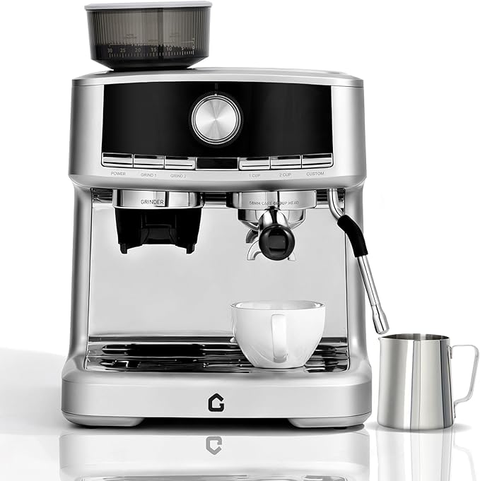Professional Espresso Machine with Built-in Grinder, 20 Bar Pressure Stainless Steel Coffee Maker with Milk Frother, 1.5l Removable Water Tank for Latte & Cappuccino, Ideal for Home & Office Use