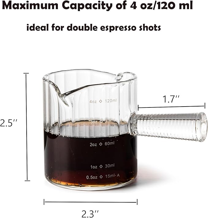 Espresso Cups Set of 2, 4 OZ Glass Double Spouts Cups, Shot Glasses, Milk Cup with Glass Handle for Dishwasher Safe, Espresso Accessories for Machine, Demitasse Cups, Small (Clear)