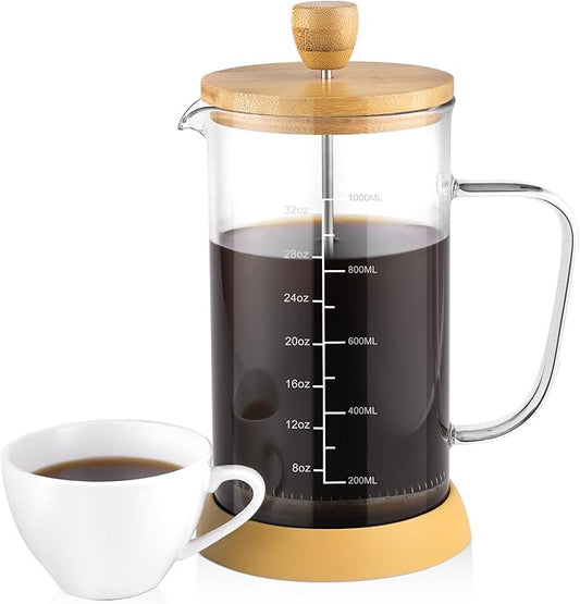 wedrink 34oz French Press Coffee Maker - Thicken Heat-Resistant Borosilicate Glass Bamboo Lid Plastic Free Coffee Press (1000ml)