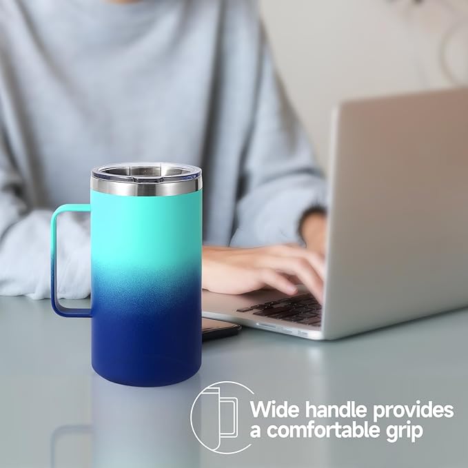 Volhoply 24oz Insulated Coffee Mug with Lid and Straw, Stainless Steel Travel Mugs with Handle, Double Wall Vacuum Leak Proof Coffee Tumbler Cup (Green Blue,1)