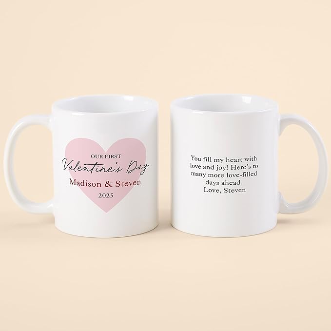Personalization Universe Our First Valentine's Day Personalized Coffee Mug - 11 oz Ceramic - Customizable Text & Names - Ideal Valentines Day Gifts for Him - Microwave/dishwasher Safe - White
