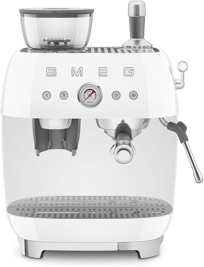Smeg EGF03 Semi-Automatic Espresso Machine with Built-In Grinder, Dual Thermoblock, 50’s Retro Style – White (120 V)