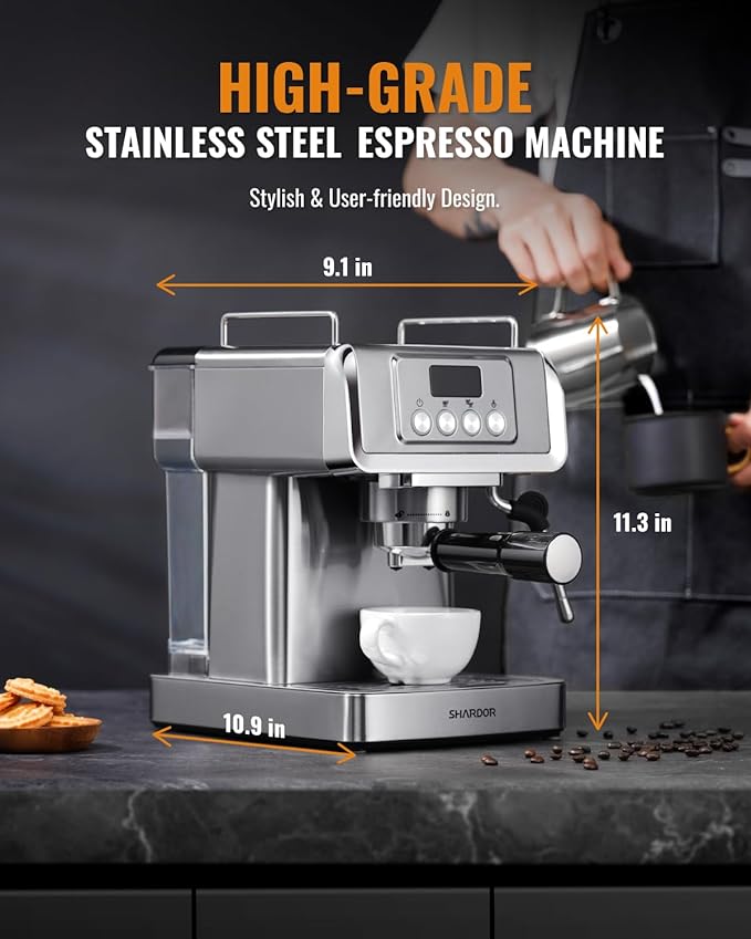 SHARDOR 20-Bar Espresso Machine for Home Barista, Built-In Steam Wand for Latte & Cappuccino, Stainless Steel Coffee Maker with Temp Display, 1350W, 60oz Water Reservoir