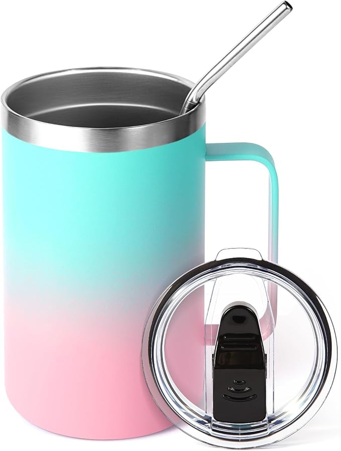 Volhoply 16oz Insulated Coffee Mug with Lid and Straw, Stainless Steel Travel Mugs with Handle, Double Wall Vacuum Leak Proof Coffee Tumbler Cup (Green Pink,1)