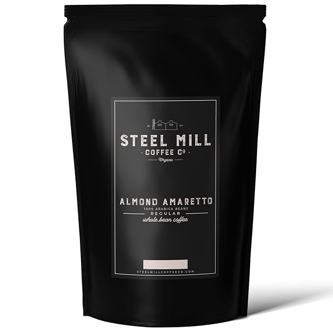 Steel Mill Coffee Co. - Almond Amaretto Flavored Coffee - Whole Bean Coffee - Medium Roast - Regular - 100% Arabica Beans - Vegan - Sugar-Free - Gluten-Free - 12 oz Bag