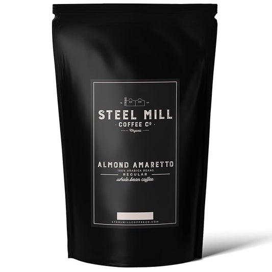 Steel Mill Coffee Co. - Almond Amaretto Flavored Coffee - Whole Bean Coffee - Medium Roast - Regular - 100% Arabica Beans - Vegan - Sugar-Free - Gluten-Free - 12 oz Bag