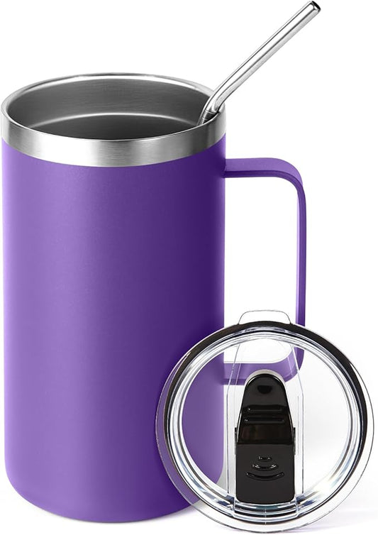 Volhoply 24oz Insulated Coffee Mug with Lid and Straw, Stainless Steel Travel Mugs with Handle, Double Wall Vacuum Leak Proof Coffee Tumbler Cup (Purple,1)