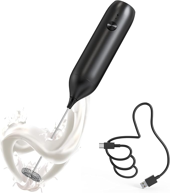 CIRCLE JOY Milk Frother Handheld Rechargeable Milk Foamer Electric Mini Drink Mixer with Stainless Steel Whisk for Coffee, Cappuccino, Lattes, Frappe, Matcha and Hot Chocolate, Black