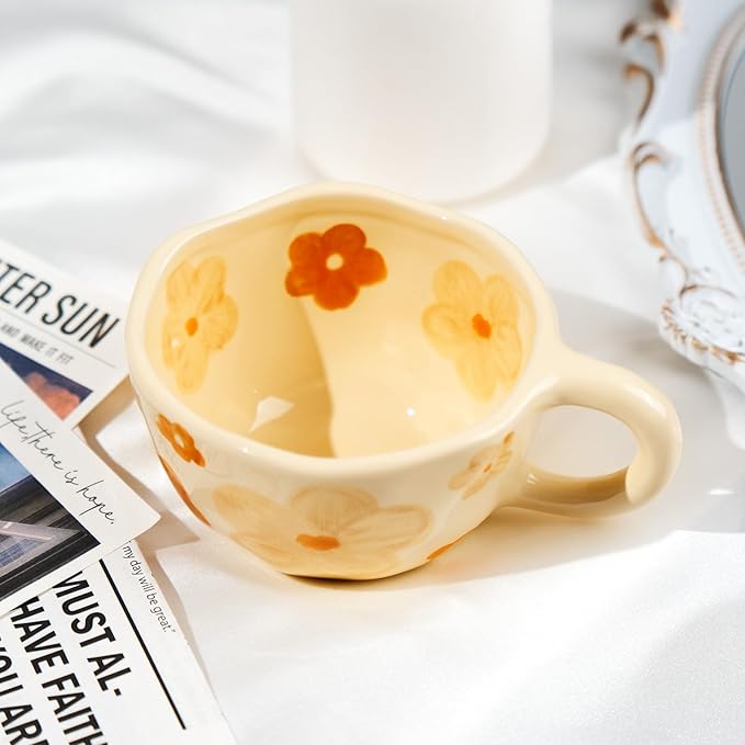 MAKCNMYM Ceramic Coffee Mug Vintage Flower Mugs 8 oz Cute Floral Coffee Mugs Irregular Latte Art Cup Lead-free Porcelain Cups for Cappuccino, Cocoa (Orange Flowers)