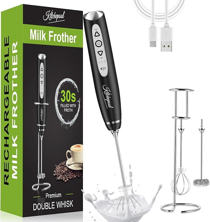 Kitchepool Rechargeable Milk Frother Wand with Stand for Coffee, Electric Whisk with 3 Speed Adjustable, Drink Mixer Handheld for Lattes, Cappuccino, Hot Chocolate, Egg, Dark Black
