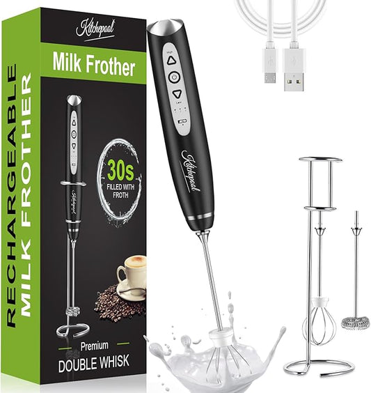 Kitchepool Rechargeable Milk Frother Wand with Stand for Coffee, Electric Whisk with 3 Speed Adjustable, Drink Mixer Handheld for Lattes, Cappuccino, Hot Chocolate, Egg, Dark Black