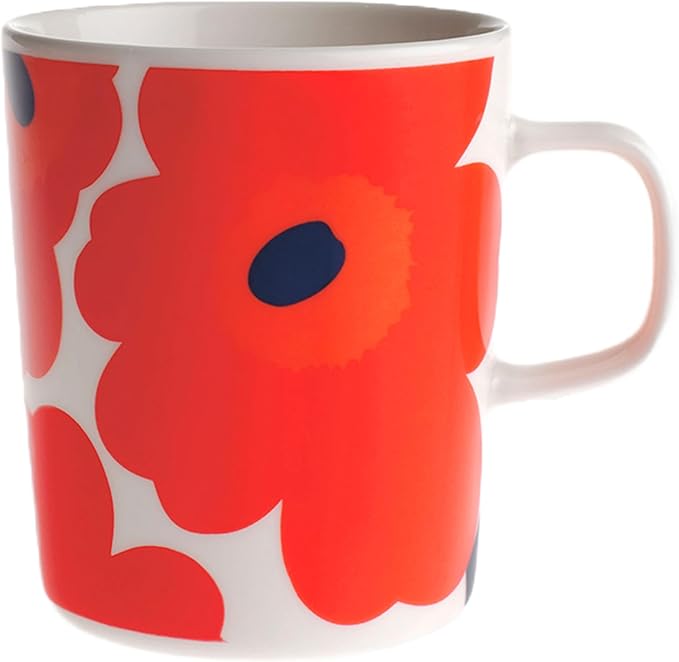 MARIMEKKO Oiva Unikko Stoneware Mug (Red) — Refine Your Kitchen Décor with Our Iconic Stoneware — Stylish Porcelain Coffee Mug for Morning Brews and Cozy Evenings (8.8oz)