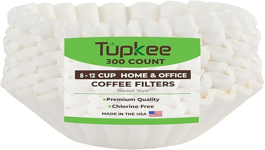Tupkee Coffee Filters 8-12 Cups - 300 Count, Basket Style, White Paper, Chlorine Free Coffee Filter, Made in the USA