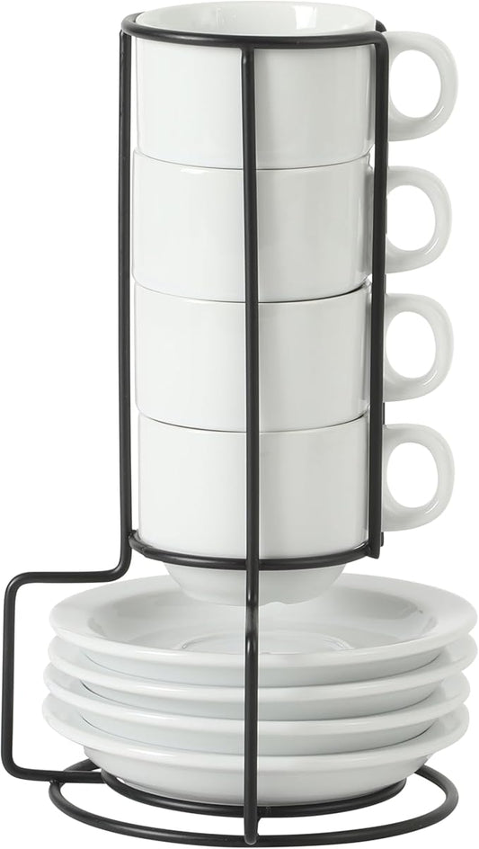 Gibson Home Gracious Dining 3-Ounce Espresso Cups Set of 4, Small Stackable Coffee Cups with 4 Saucers, Metal Stand, Ceramic Demitasse Mugs, Espresso Accessories for Machine