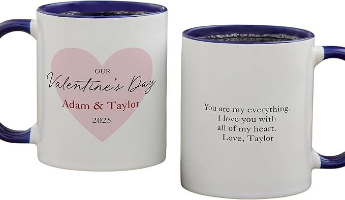 Personalization Universe Our First Valentine's Day Personalized Coffee Mug - 11 oz Ceramic - Customizable Text & Names - Ideal Valentines Day Gifts for Him - Microwave/dishwasher Safe - Blue
