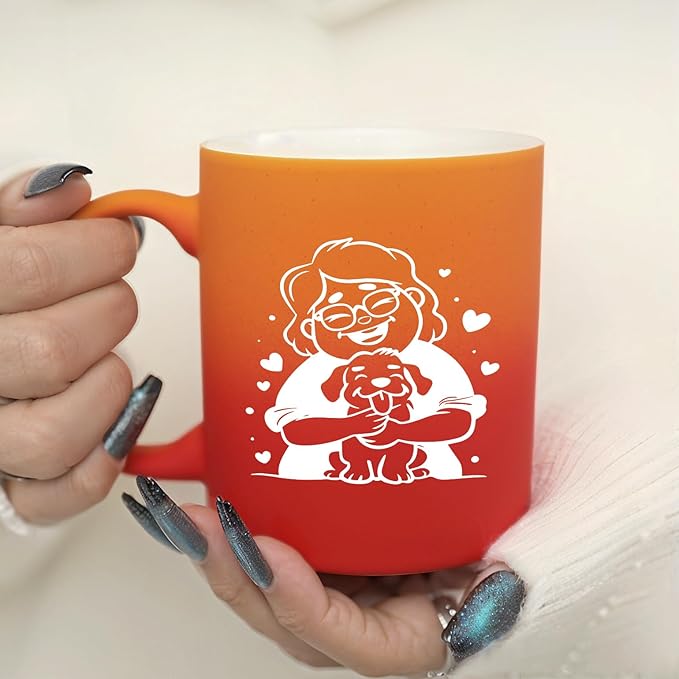 G MUGS Dog Lover Ceramic Coffee Mug, Cute Glasses Girl & Dog Hug Design Mug, Tea Mug, Adorable Pet Lover Gift for Women Teens,13oz Red And Yellow Mug