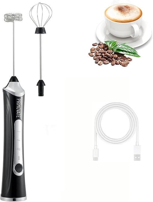 Rechargable Milk Frother, Handheld Drink Mixer with Whisk Attachment, 2025 upgraded powerfull 3 speed motor, Type C charging with charge light, with extra egg mix head (Black without Stand)