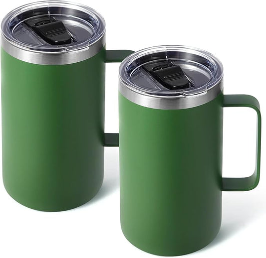 Volhoply 24oz Insulated Coffee Mug with Lid and Straw, Stainless Steel Travel Mugs with Handle, Double Wall Vacuum Leak Proof Coffee Tumbler Cup (Army Green,2)