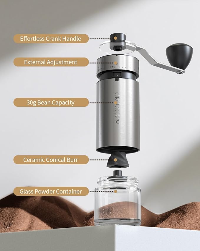 CIRCLE JOY Manual Coffee Grinder with 40 External Adjustable Settings, Portable Stainless Steel Hand Coffee Grinder, Ceramic Conical Burr Coffee Grinder for Camping, Travel and Espresso, 30g Capacity
