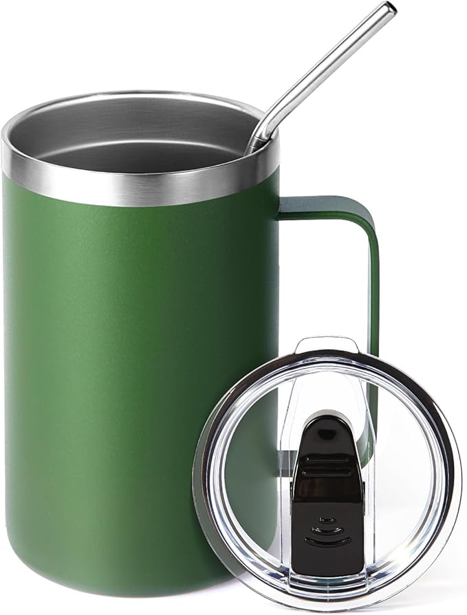 Volhoply 16oz Insulated Coffee Mug with Lid and Straw, Stainless Steel Travel Mugs with Handle, Double Wall Vacuum Leak Proof Coffee Tumbler Cup (Army Green,1)