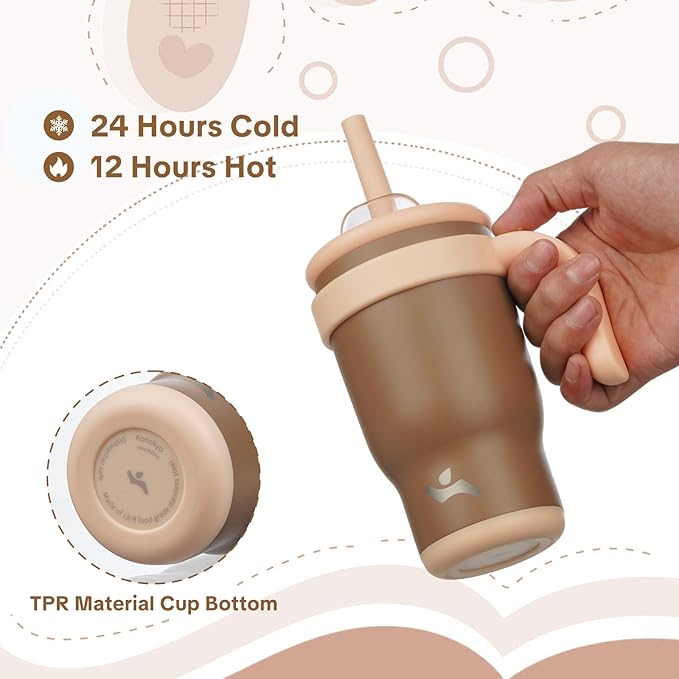 14 oz Tumbler with Side Handle, Insulated Water Bottle with Straw and 2 in 1 Lid, Stainless Steel Cup Travel Coffee Mug for Sports Office Gym,Brown