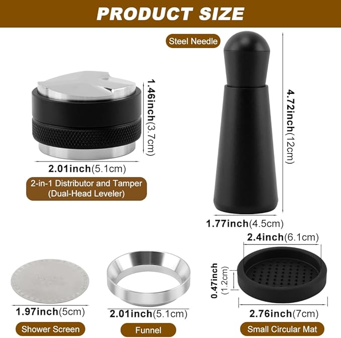 51mm Espresso Accessories Kit, 2-in-1 Coffee Distributor & Tamper Leveler with Magnetic Dosing Funnel and WDT Tool for 51mm Portafilter, 5-Piece Barista Tool Set