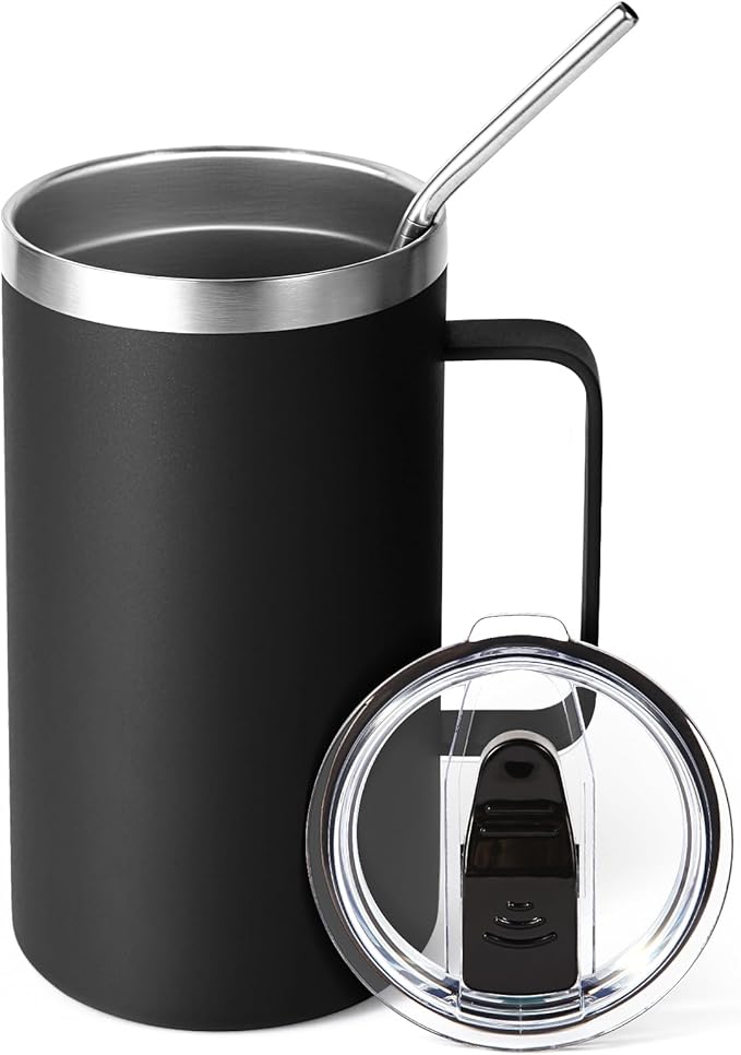 Volhoply 24oz Insulated Coffee Mug with Lid and Straw, Stainless Steel Travel Mugs with Handle, Double Wall Vacuum Leak Proof Coffee Tumbler Cup (Black,1)