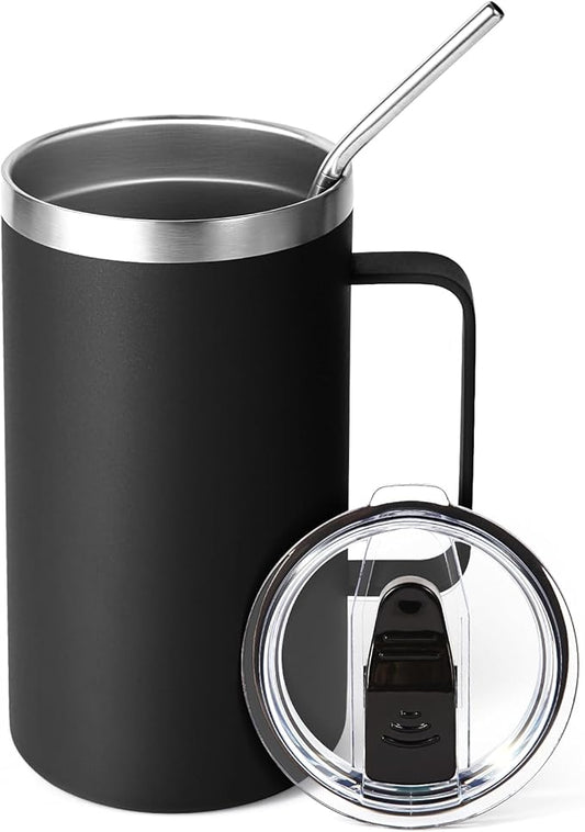 Volhoply 24oz Insulated Coffee Mug with Lid and Straw, Stainless Steel Travel Mugs with Handle, Double Wall Vacuum Leak Proof Coffee Tumbler Cup (Black,1)