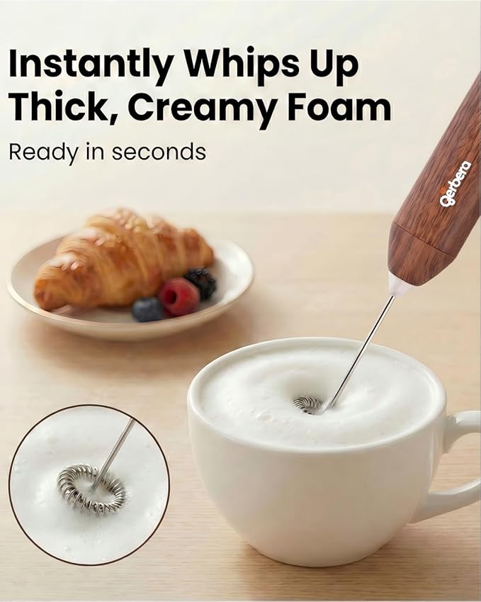 Gerbera Rechargeable Milk Frother Handheld,3 Speed Adjustable Electric Whisk Foam Maker, Handheld Drink Mixer, Frother Wand,Milk Foamer for Protein Powder, Drinks (Wood Brown)