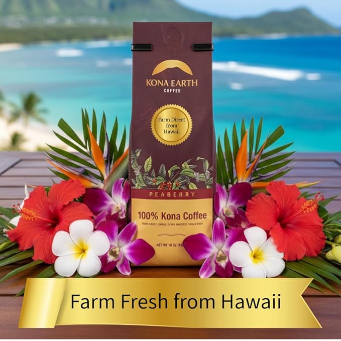 KONA EARTH 100% Kona Peaberry Coffee, Medium Roast, Whole Bean, 1 lb (16oz) Farm-Direct, Authentic Hawaiian Kona Coffee beans from Hawaii’s Big Island, Micro-Batch-Roasted