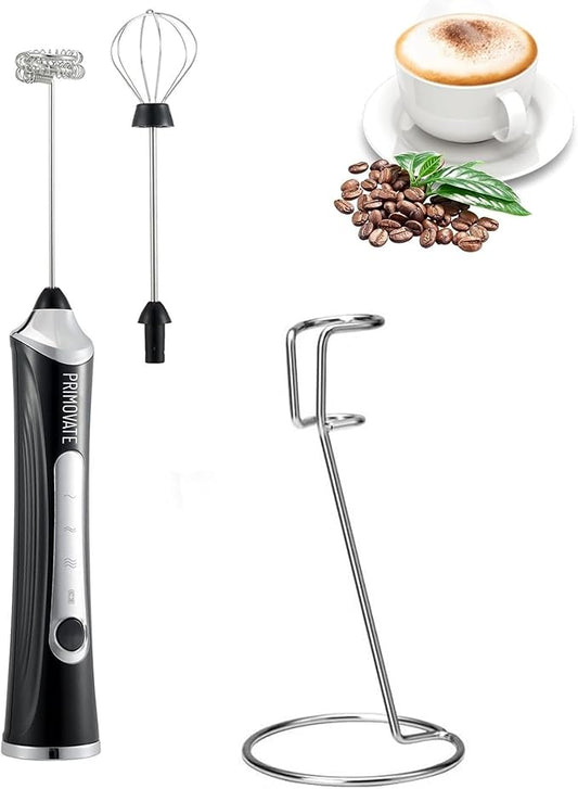 Rechargable Milk Frother, Handheld Drink Mixer with Whisk Attachment, 2025 upgraded powerfull 3 speed motor, Type C charging with charge light, with extra egg mix head (Black with Stand)