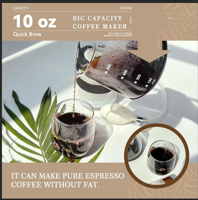 Air Pressure Coffee Maker, Manual Espresso Brewer No Electricity, Portable Handheld Coffee Maker for Home, Office & Travel, 0.3L Glass Pot