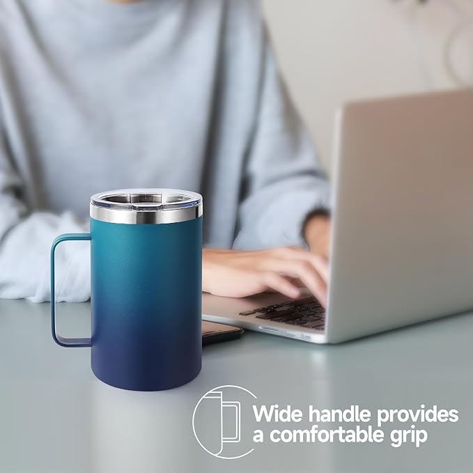 Volhoply 16oz Insulated Coffee Mug with Lid and Straw, Stainless Steel Travel Mugs with Handle, Double Wall Vacuum Leak Proof Coffee Tumbler Cup (Dark Night,1)