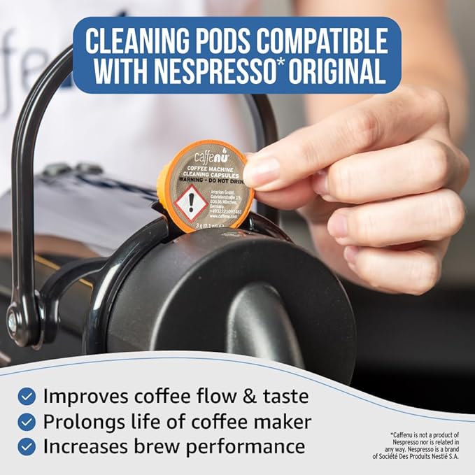 Caffenu Nespresso Compatible Cleaning Pods. 5 Cleaner Capsules. Improved Coffee Flavor. For Nespresso Originaline, Use with Descaling Kit.