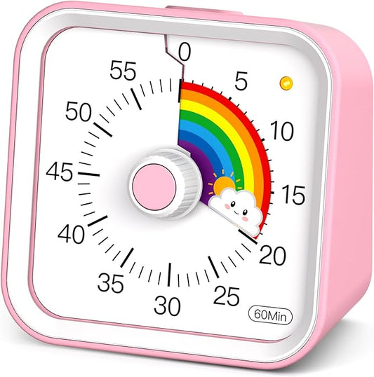 InfPokid Visual Timer for Kids with Pause Function, Cute Silent Timer with Rainbow for Classroom, Teaching, Task, Kitchen, 60 Minute Countdown Time Management for ADHD (Rainbow Pink)