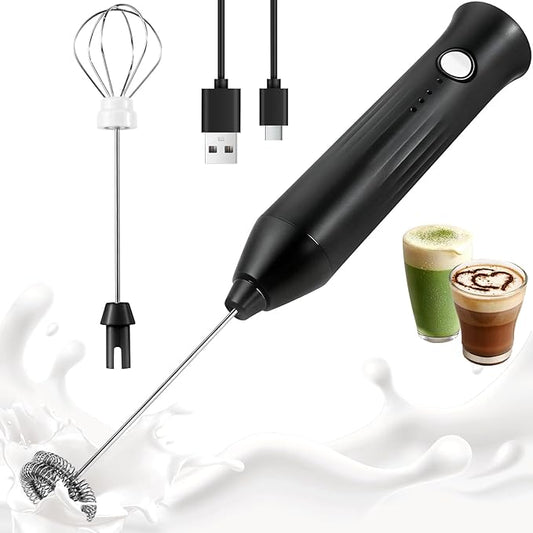 Milk Frother Handheld Rechargeable, Frother Wand Drink Mixer Electric Whisk for Coffee, Detachable With 2 Stainless Whisks, Hand Mixer for Lattes, Matcha, Egg, Kitchen Gifts(Black)