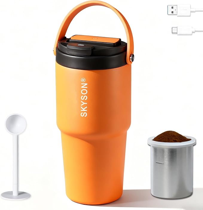 Fast Extraction Mini Electric Espresso Coffee Maker - Portable Filter Coffee Brewer for Travel,Insulated Stainless Steel Tumbler,20 oz Reusable Iced Coffee Cup Machine,Hot Coffee Mug with Lid (Orange)