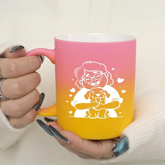 G MUGS Dog Lover Ceramic Coffee Mug, Cute Glasses Girl & Dog Hug Design Mug, Tea Mug, Adorable Pet Lover Gift for Women Teens,13oz Yellow And Pink Mug