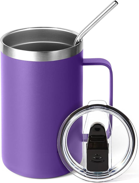 Volhoply 16oz Insulated Coffee Mug with Lid and Straw, Stainless Steel Travel Mugs with Handle, Double Wall Vacuum Leak Proof Coffee Tumbler Cup (Purple,1)