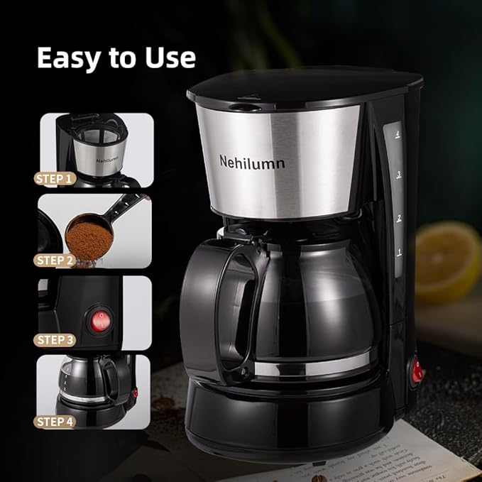 Nehilumn 4 Cups Drip Coffee Maker, Coffee Pot Machine Permanent Coffee Filter, Mini,20Oz Electric Coffee Maker,650W Black and Stainless Steel